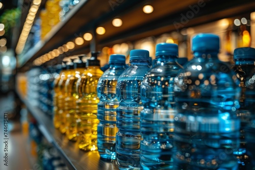 Wallpaper Mural A vibrant row of plastic water bottles, glistening with the promise of quenching thirst and nourishing the body, stands tall against a cool blue backdrop, inviting us to pause and replenish our souls Torontodigital.ca