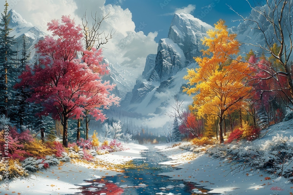 A serene landscape painting captures the ethereal beauty of an autumn river surrounded by snow-dusted trees, nestled in the shadow of majestic mountains under a dramatic sky
