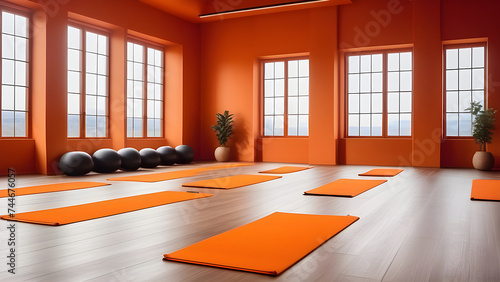 Yoga room interior in orange colors.