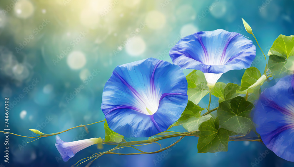 Wilec - Ipomoea, letnie niebieskie kwiaty makro. Rośliny pnące - obrazy, fototapety, plakaty 
