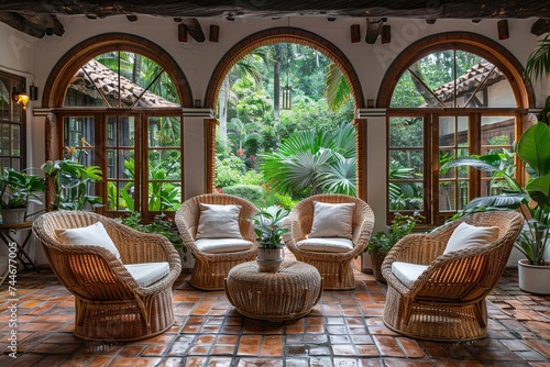 A cozy indoor room with wicker furniture and a table, adorned with a vibrant houseplant and flowerpot, overlooks a serene courtyard through a window in this beautifully designed interior