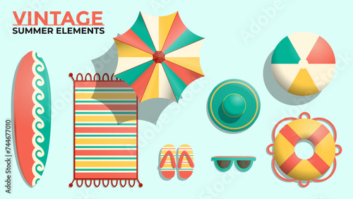 Realistic summer elements collection in vintage styleSummer clipart 6