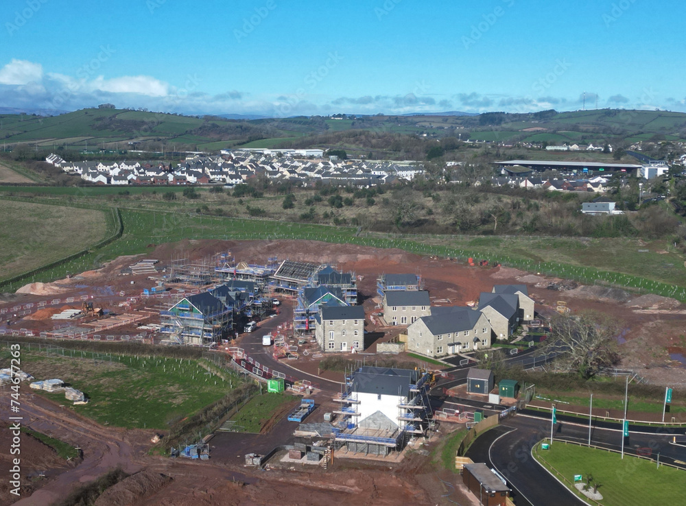 Paignton, South Devon, England: DRONE VIEWS: A new build house development under construction on green belt land at White Rock. Paignton is a popular UK holiday resort (PHOTO 6).