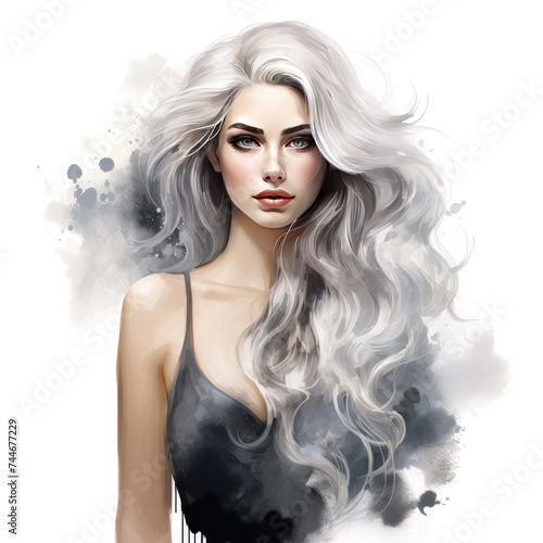 SilverToned Allure Watercolor Clipart of Girl in Silver Dress and Hair photo