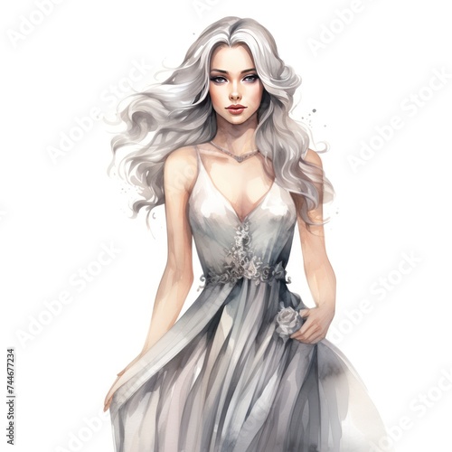 SilverToned Allure Watercolor Clipart of Girl in Silver Dress and Hair photo