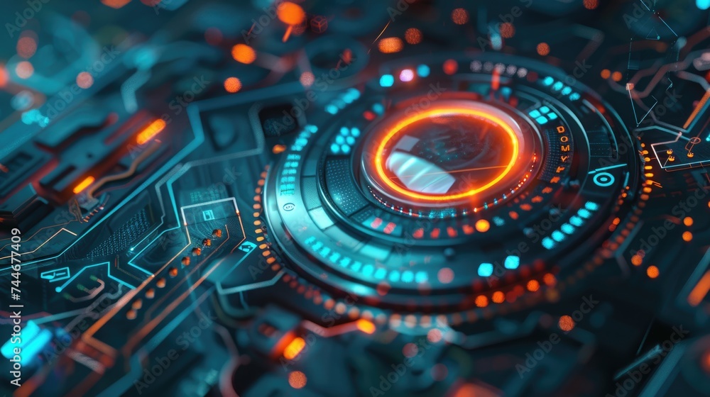 Cybernetic Eye Surveillance. A close-up of a cybernetic eye with intricate circuitry, glowing with red and blue lights, symbolizing advanced surveillance technology. Cybernetic Eye Surveillance. A close-up of a cybernetic eye with intricate circuitry, glowing with red and blue lights, symbolizing advanced surveillance technology.