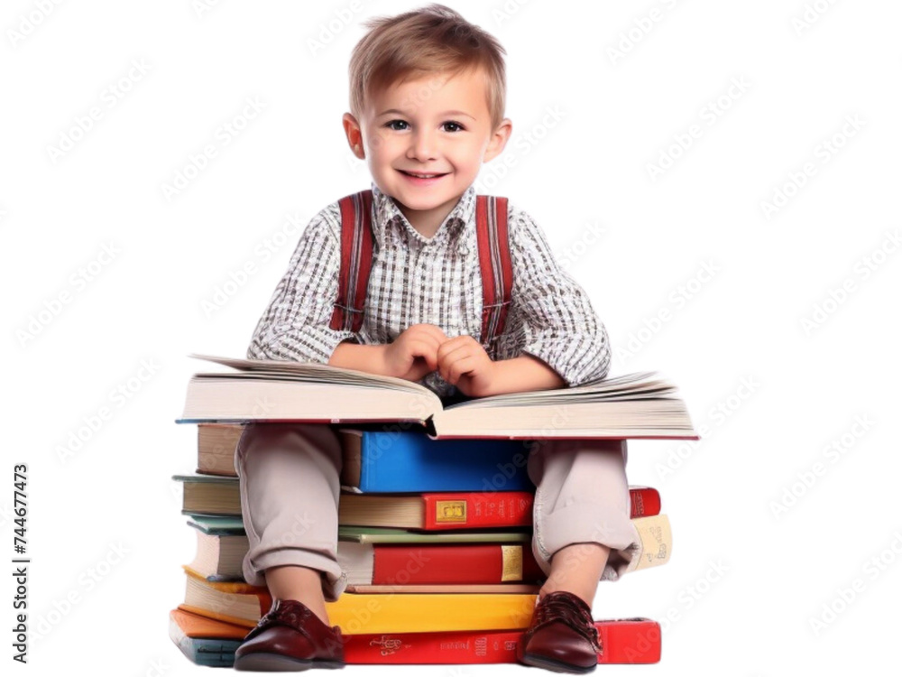Sitting kid boy with books ready for school transparent background 
