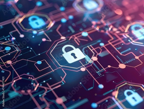 Digital Fortress: Advanced Data Security. An abstract representation of futuristic data security technology with glowing locks on a circuit board.