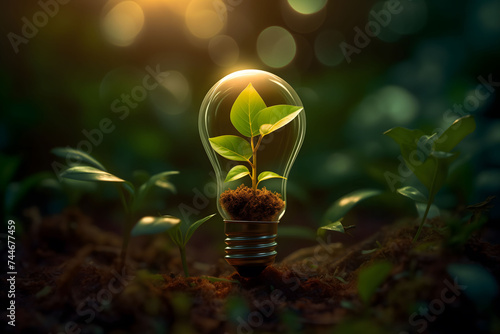 Illuminated Plant in Light Bulb with Nature Blur Background