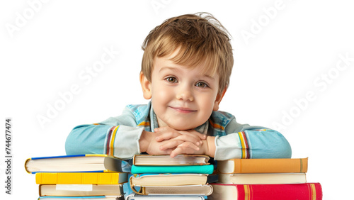 Sitting kid boy with books ready for school transparent background 