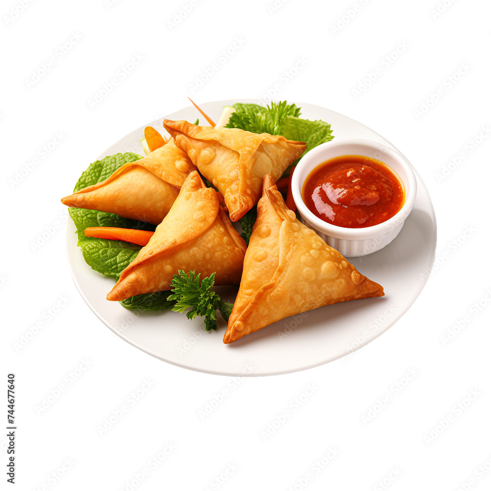 a plate of samosas with sauce. Indian traditional food generated by ai