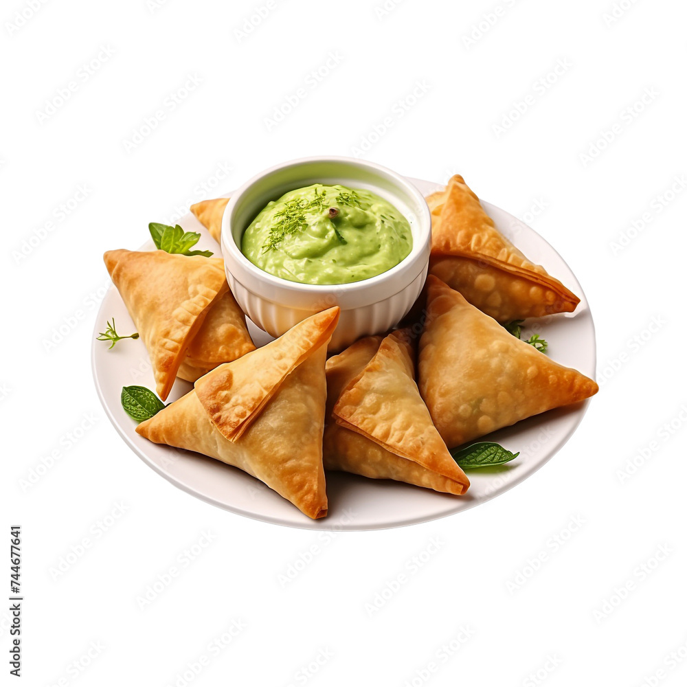 a plate of samosas with sauce. Indian traditional food generated by ai a plate of samosas with sauce. Indian traditional food generated by ai