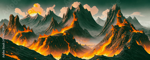 Dragons lair. Rugged grandeur of towering mountains, fierce crags, and treacherous cliffs. photo