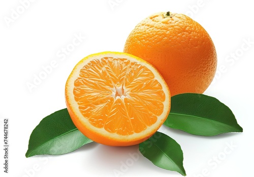Isolated orange fruit cut in half with leaves  set against a white backdrop