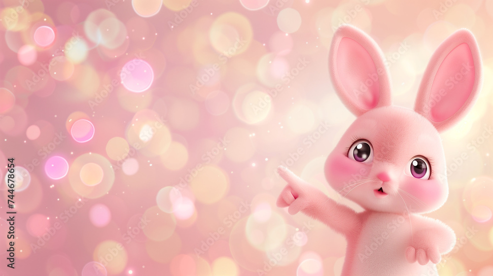 Cute cartoon animal, 3d art style, bokeh background. Stylized bunny waving the hand and pointing. Copy space for text, card template, banner, backdrop. Cute character for kids Cute cartoon animal, 3d art style, bokeh background. Stylized bunny waving the hand and pointing. Copy space for text, card template, banner, backdrop. Cute character for kids