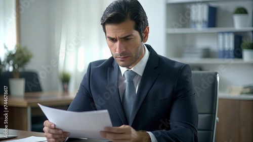 Serious concentrated hispanic businessman financier on paperwork inside office, man in business suit at workplace reviewing and reading papers, contracts and accounts reports