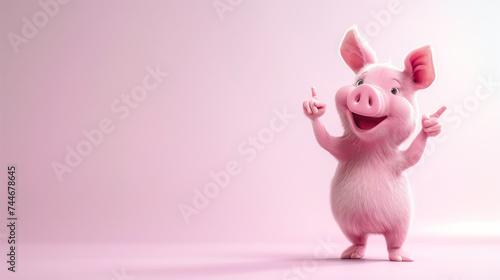 Cute cartoon animal, 3d art style, plain pink background. Stylized baby pig pointing with the hand. Copy space for text, card template, banner, backdrop. Cute character for kids