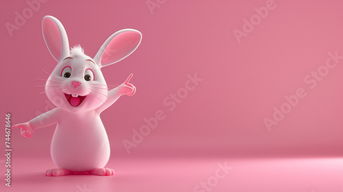 Cute cartoon animal, 3d art style, plain pink background. Stylized bunny pointing with the hand. Copy space for text, card template, banner, backdrop. Cute character for kids