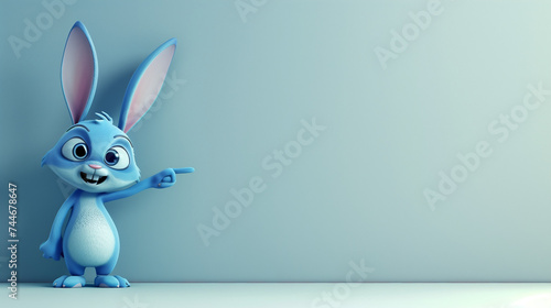 Cute cartoon animal, 3d art style, plain blue background. Stylized bunny pointing with the hand. Copy space for text, card template, banner, backdrop. Cute character for kids