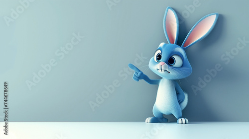 Cute cartoon animal, 3d art style, plain blue background. Stylized bunny pointing with the hand. Copy space for text, card template, banner, backdrop. Cute character for kids
