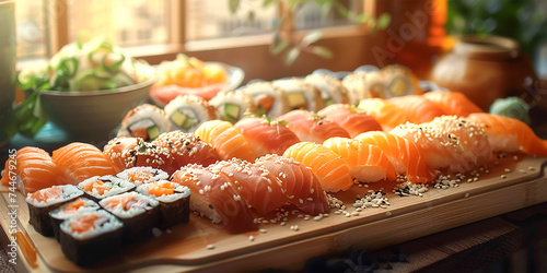 Large sushi and maki plate with salmon, tuna, avocado rolls in soft lightning , Background Bannner photo
