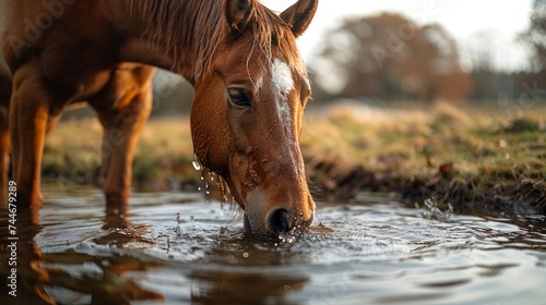 Horse drinking in a pond of water