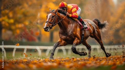 Racehorse running on a racecourse