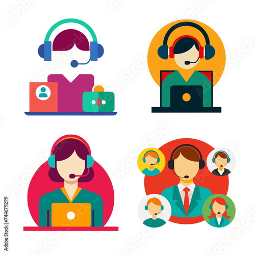 Vector illustration of customer service, call center operators icons with headsets.