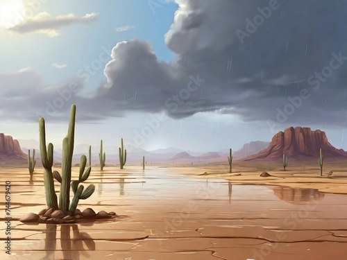 Rain in the desert area, climate change concept, dark cloudy sky, heavy raining time, nature unfriendly behavior.