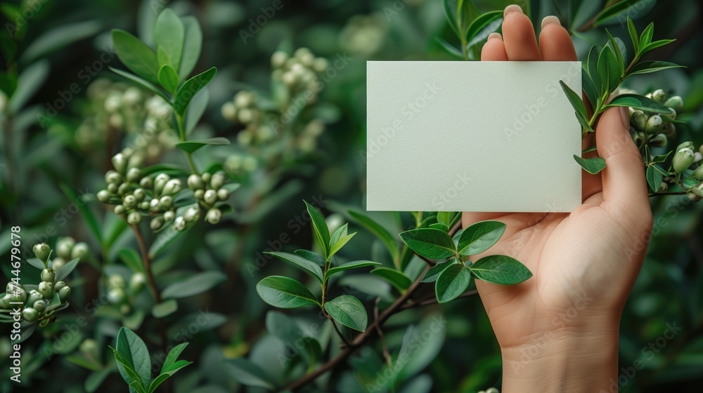 A Hand holding a mockup white card on a natural green background with leaves. - obrazy, fototapety, plakaty 