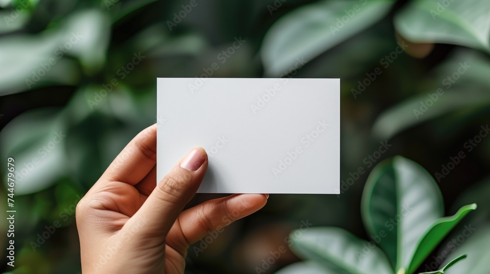 A Hand holding a mockup white card on a natural green background with leaves. A Hand holding a mockup white card on a natural green background with leaves.