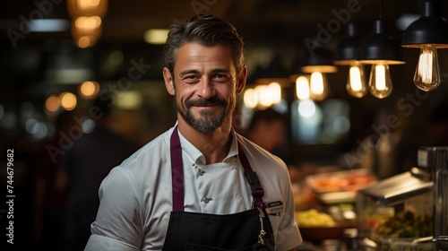 A friendly male chef smiling in a well-lit restaurant kitchen, radiating confidence and culinary expertise. © Vilaysack