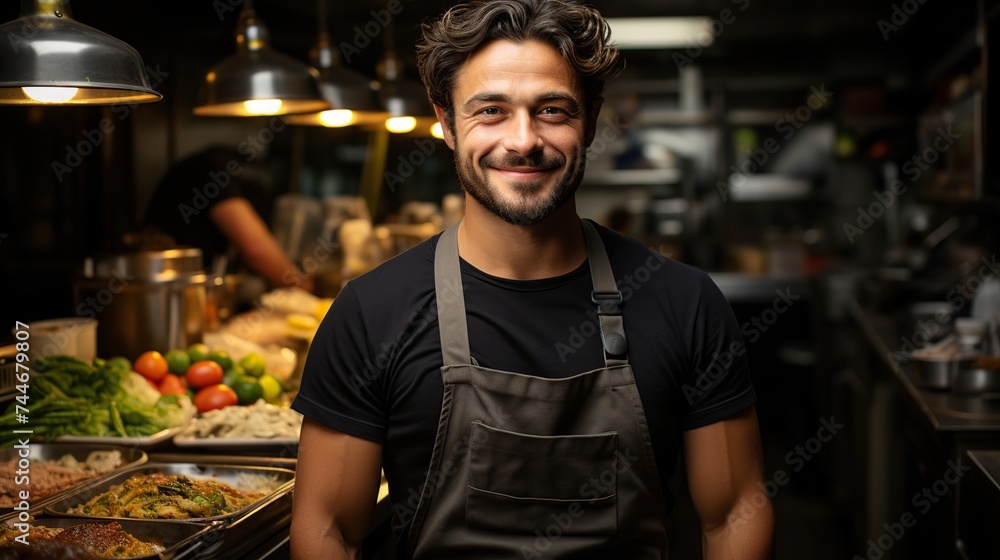 A charismatic chef with a friendly smile, standing proudly in the lively ambiance of a well-lit restaurant kitchen. A charismatic chef with a friendly smile, standing proudly in the lively ambiance of a well-lit restaurant kitchen.