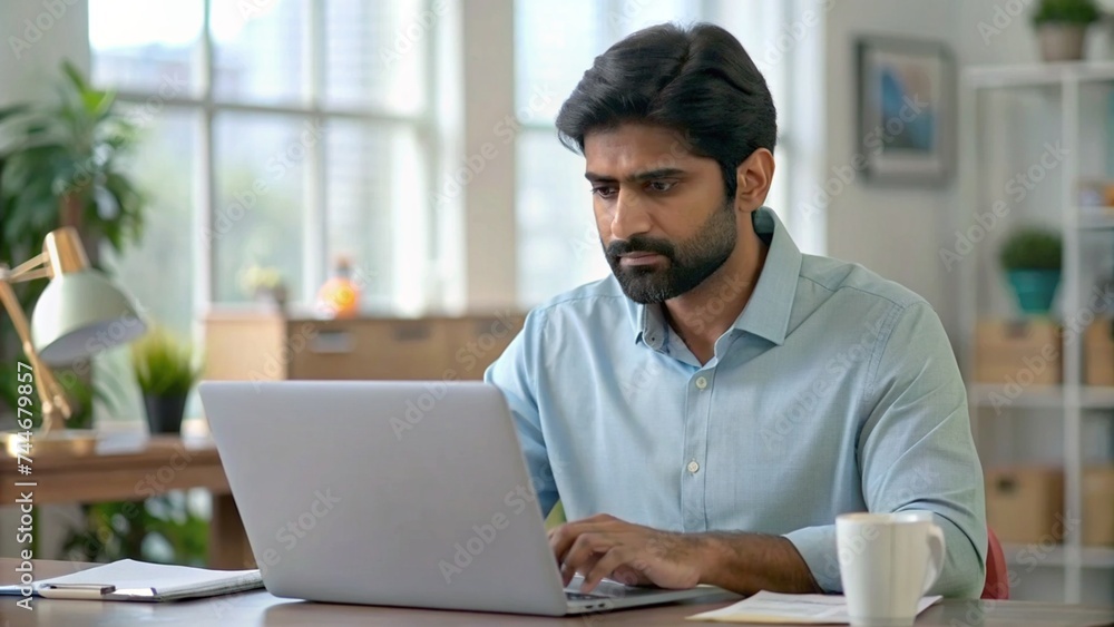 Indian male employee in casual shirt engrossed in work at his office, using a laptop and reviewing paperwork with focus. Indian male employee in casual shirt engrossed in work at his office, using a laptop and reviewing paperwork with focus.