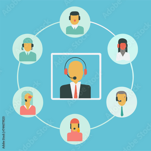 Vector illustration of customer service, call center operators icons with headsets.