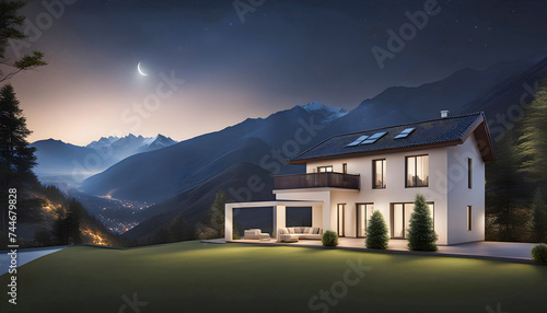 Cover design for a house project with a real estate plot in the mountains in the early morning  sunset   beautiful landscape design