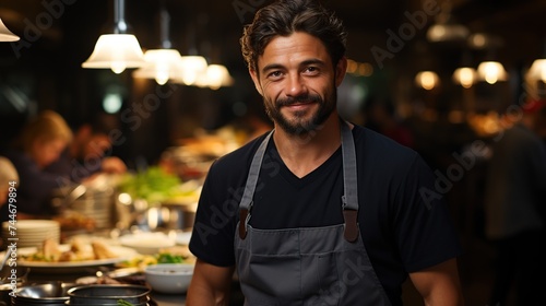 A charismatic chef with a friendly smile, standing proudly in the lively ambiance of a well-lit restaurant kitchen.