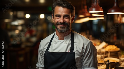 A friendly male chef smiling in a well-lit restaurant kitchen, radiating confidence and culinary expertise.