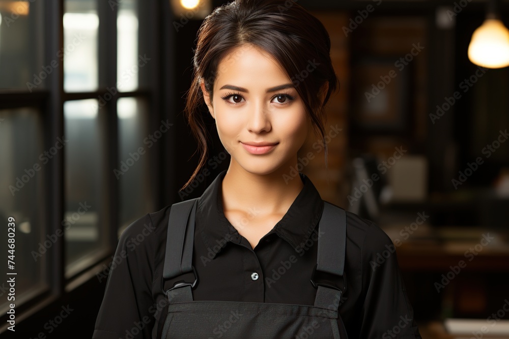 A welcoming and attentive young waitress in a black uniform, standing ready to assist customers in a cozy restaurant setting. A welcoming and attentive young waitress in a black uniform, standing ready to assist customers in a cozy restaurant setting.
