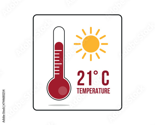 21° C. Thermometer 21 degrees Celsius. Vector for weather and climate forecast with yellow sun