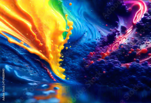 Digital abstract artwork, abstract splashes of bright paint create a sense of movement,