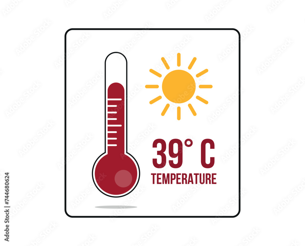 39° C. Thermometer 39 degrees Celsius. Vector for weather and climate forecast with yellow sun 39° C. Thermometer 39 degrees Celsius. Vector for weather and climate forecast with yellow sun