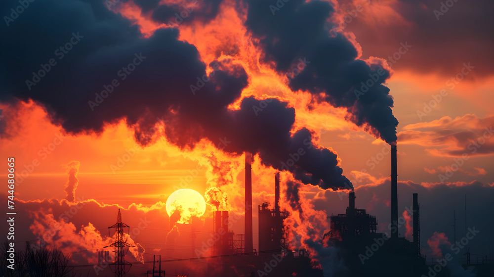 Sunrise Pollution: Dramatic low-angle shot depicts factory smokestacks emitting steam against the colorful sky, offering a poignant portrayal of the industrial landscape and its impact on air quality.