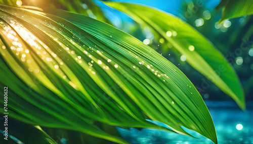 Background of tropical leaves with clear water in the background, concept of relaxation and cleanliness,