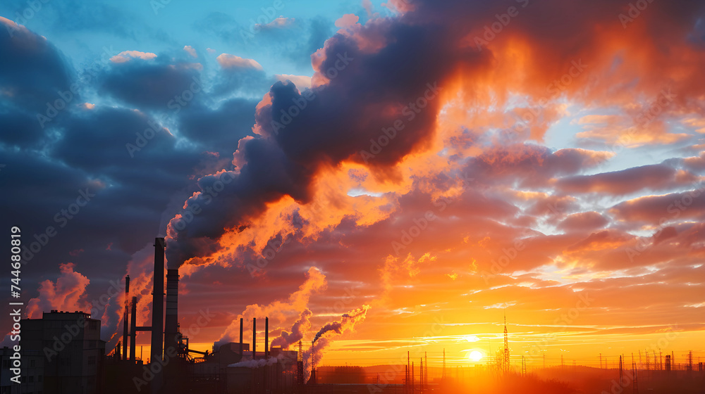 Sunrise Pollution: Dramatic low-angle shot depicts factory smokestacks emitting steam against the colorful sky, offering a poignant portrayal of the industrial landscape and its impact on air quality. - obrazy, fototapety, plakaty 