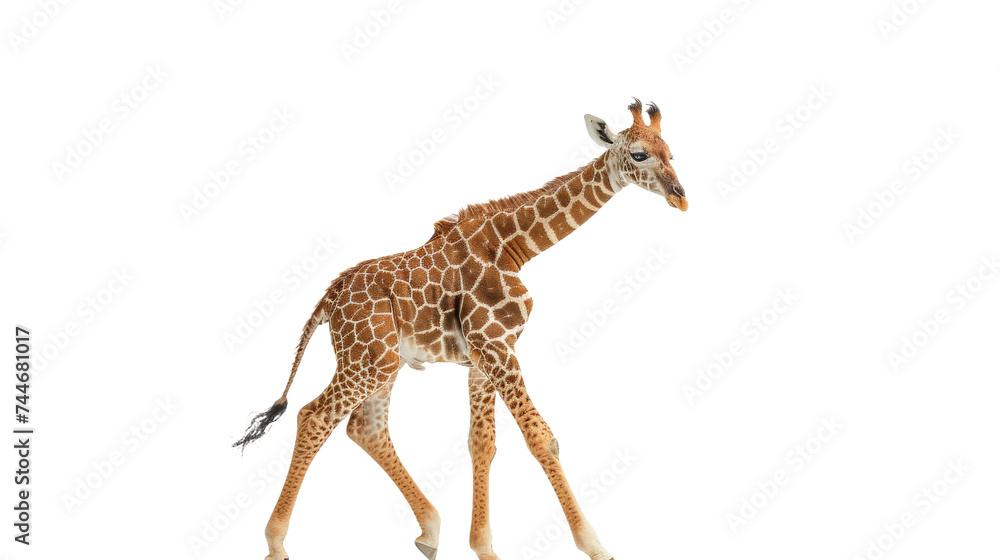 Baby Giraffe Walking Across White Surface
