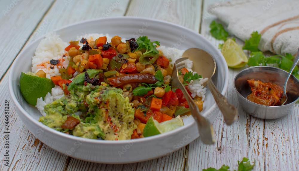Vegan rice, chickpeas, avocado bowl along with rice. Plant based lunch. Vegan rice, chickpeas, avocado bowl along with rice. Plant based lunch.