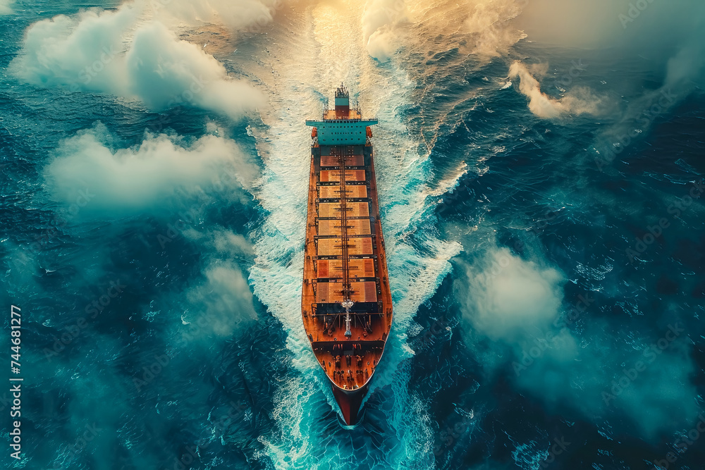 Cargo container ship at sea, top view - obrazy, fototapety, plakaty 