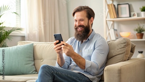 Happy bearded man enjoying using cellular phone while sitting on couch in living room. Careless caucasian guy looking at digital gadget screen while scrolling news feed on local websites indoors.