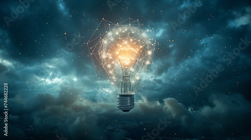 Ideas Illuminated: Glowing Lightbulb with Network Connections Above the Clouds – Inspiration Ignited